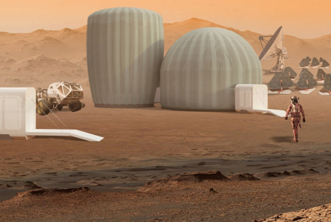 Rendering of dome-shaped buildings on Martian landscape