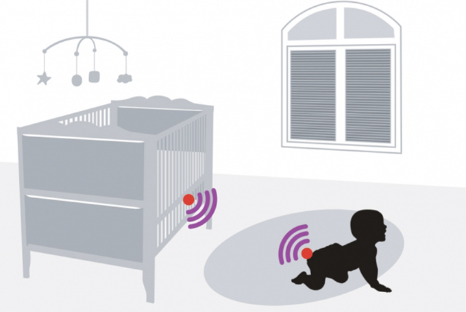 Graphic of infant in crib with wifi symbol emitting from diaper and wifi symbol on crib