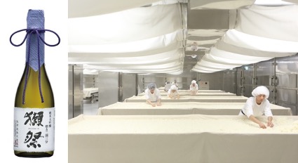 Image collage. Left: a bottle of sake. Right: workers in a manufacturing facility sort through rice on long tables by hand.