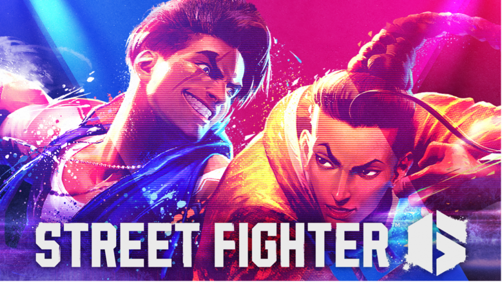 Two men rendered in computer graphics. The man on the left has a determined grin and floppy short brown hair, wearing a blue vest over a white tank top. The man on the right has a long topknot braid and a more pensive expression and is wearing a yellow hooded garment. Across the bottom of the image is written "STREET FIGHTER."